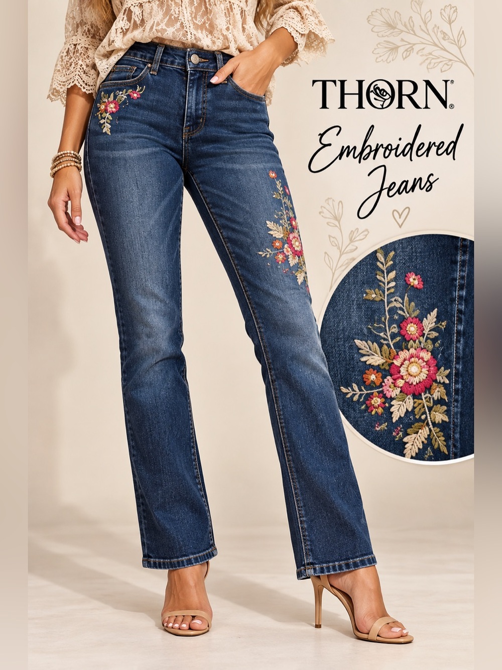 THORN Curvy Fit Jeans S~4 Embroidered Floral Stretch Crop Ankle Denim Boho 🎥